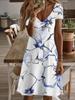 Vneck Shortsleeve Midi Dress Blue Floral Print Female Dress 3D Premium Printing Durable Casual Fashion Elegant Summer Outfit Lightweight Soft Fabric S