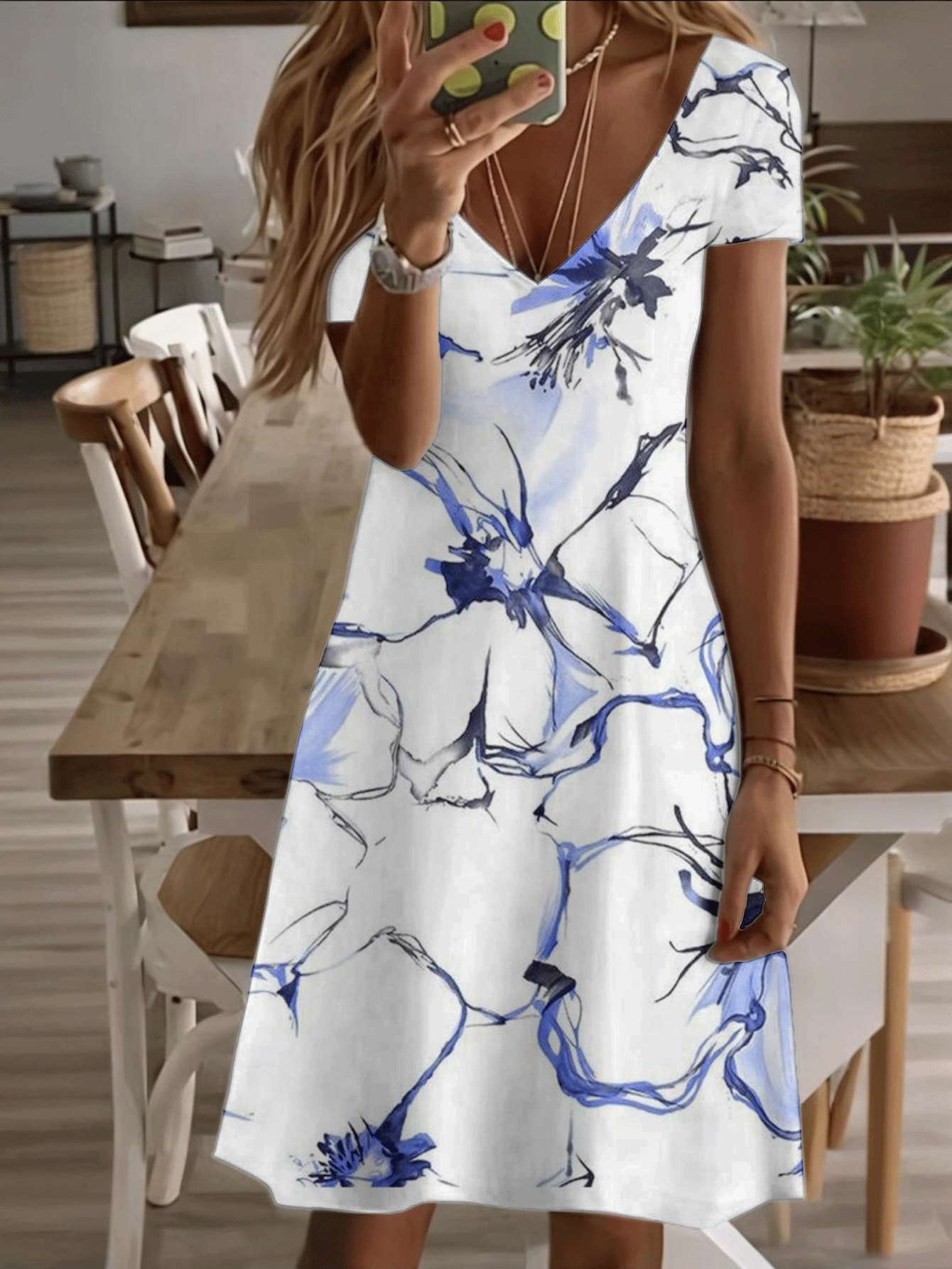 

Vneck shortsleeve midi dress blue floral print female dress 3D premium printing durable casual fashion elegant summer outfit lightweight soft fabric s 6XL дубильная кора
