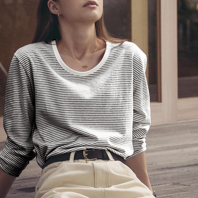 

Johnature Корейская Свободная Контрастная Полосатая Футболка с Длинным Рукавом Осенний Повседневный Топ Женский Пуловер Базовые Топы M белый