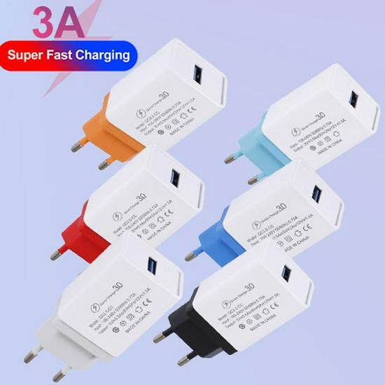 Fast Charging 3A QC 3.0 Mobile Phone Charger, Single Port USB, EU Standard for Travel.