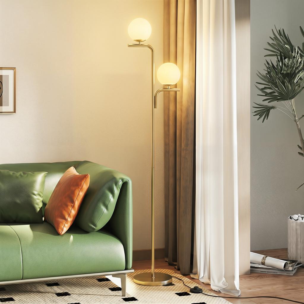 LED Floor Lamp, Modern Lamp with 3 Color Temperatures, Glass Globe Shades and Foot Switch, Gold