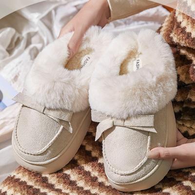 Mode 2024 Winter Warme Baumwollpantoffeln für Damen Herren Weiches Fell Niedliche Schleife Paare Zuhause Hausschuhe Rutschfest Damen Herren Flauschige Pantoffeln
