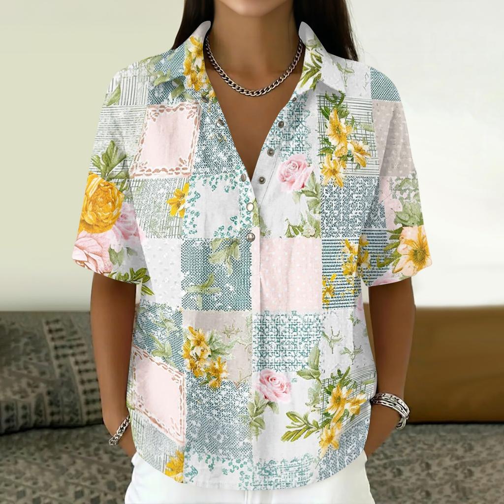 Women's Vintage Floral Print Short Sleeve Shirt Button Down Loose Fit Lapel Collar Casual Blouse Lightweight Linen Blend Top