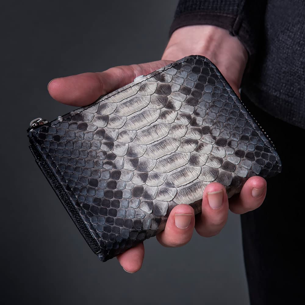 Artemis Classic L-Shaped Slim Gray Python Mini Wallet (ZW0007) - Men's Short Wallet with Zipper, Snake Pattern, and Genuine Leather