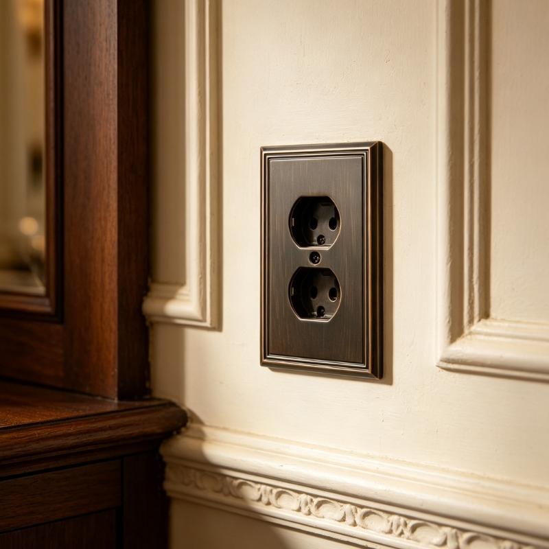 Electroplated Wall Outlet Cover Plate with Stepped Decorative Border for Indoor Wall Detail and a Unified Metal Finish