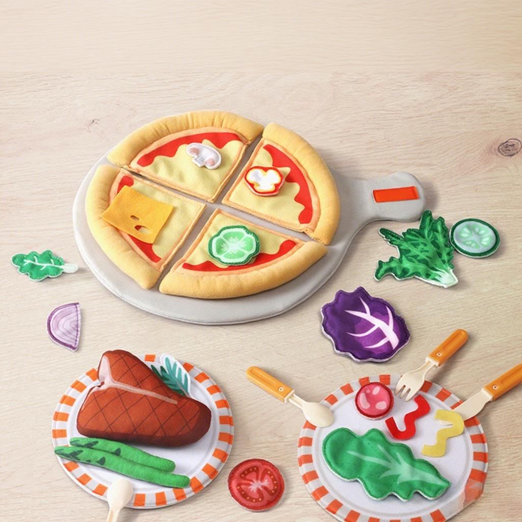 Pretend Play Food Set 31 Piece Felt Play Cutting Pizza Toys DIY Pizza Kits with Beef Steak Vegetables Dinnerware Plates Accessories Kitchen Toy Chef