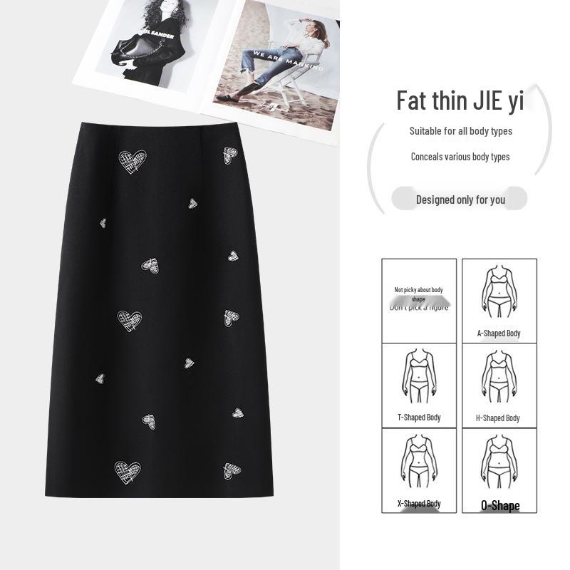 Elegant Heart Print Black Midi Skirt for Women - 2026 Spring/Autumn Trendy Age-Defying Straight Suit Style