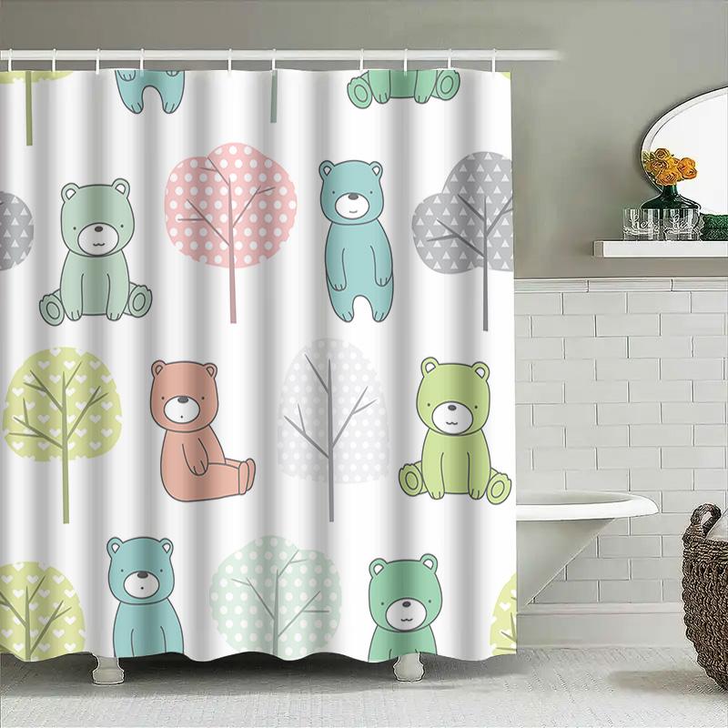 Teddy Bear Tree Print Shower Curtain For Bathroom Decor Green Blue Pink White Gray Home Decoration Waterproof Fabric Extra Long