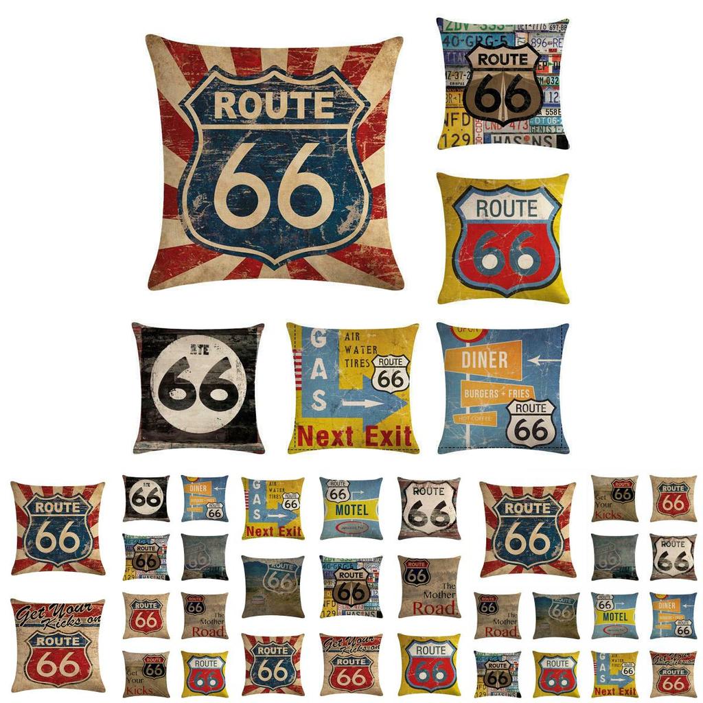 Eye-catching Route 66 Cotton Linen Pillow Cover With Invisible Zipper And Art Deco Style