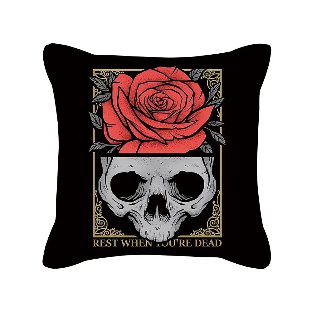 Punk Style Cushion Cover Skull Print Office Sofa Car Pillowcase Home Decor  Outdoor Square  Moda