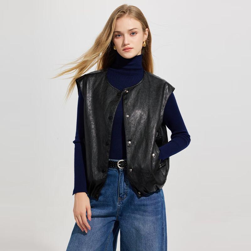 Tatu Women's Faux Leather Round Neck Vest