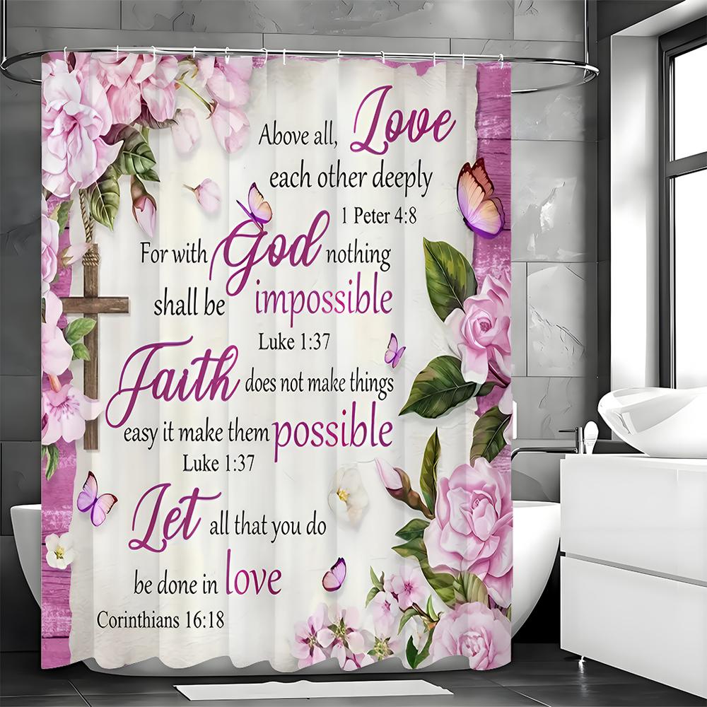 Purple Floral Bible Inspirational Quotes Shower Curtain, Bathroom Decorative Shower Curtain, Waterproof Shower Curtain with Hook