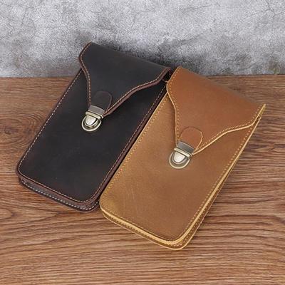 Sac de Taille en Cuir Crazy Horse - Poche Rétro en Cuir de Vache pour Téléphones 6-7 Pouces