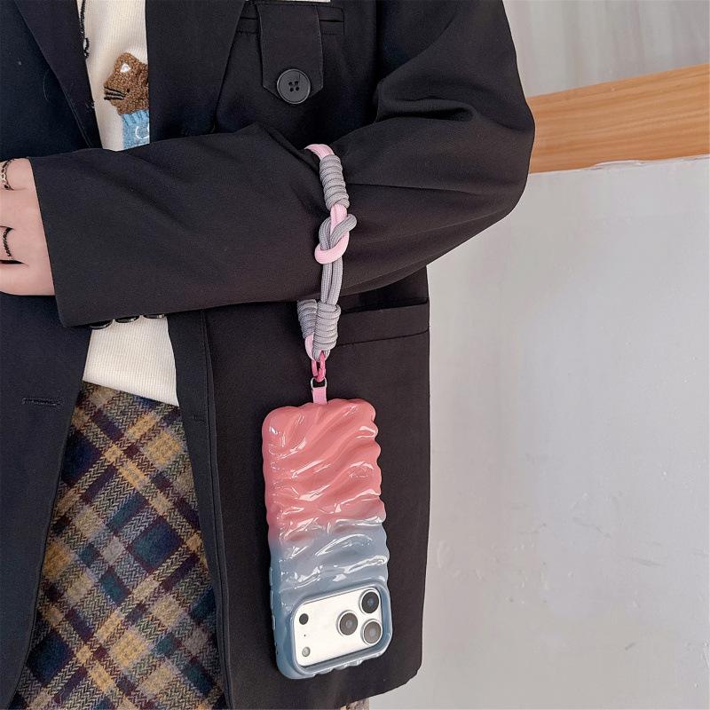 Color Block Pink Cream Textured Case with Lanyard for iPhone 14/15/16 Pro Max & Apple 17
