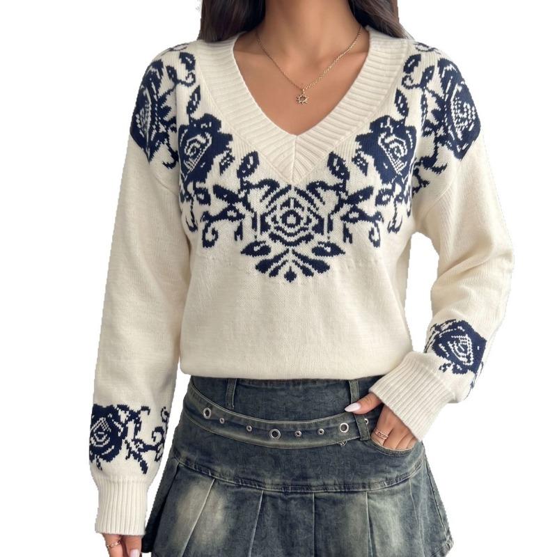Women S V Neck Knit Sweater Vintage Floral Print Loose Drop Shoulder Long Sleeve Pullover