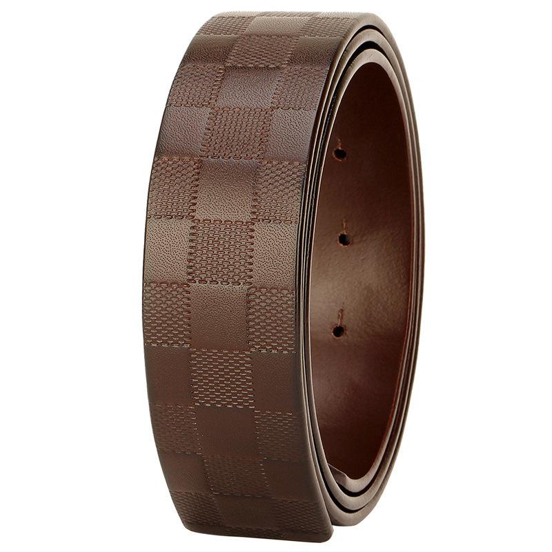 

38 мм ремень без головы мужской кожаный классический клетчатый ремень тело не берет на себя лидерство, первый слой чистой воловьей кожи ремень полоса гладкая пряжка 130cm темно-коричневого