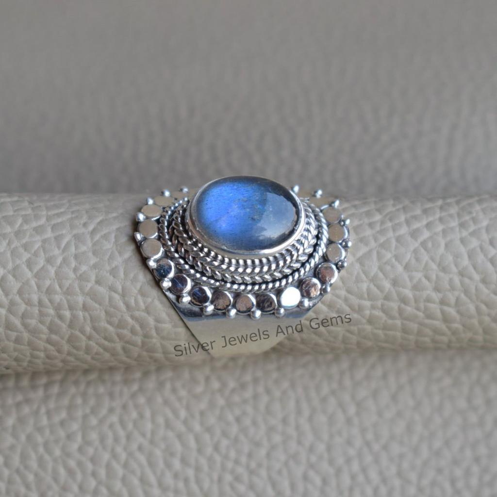 Handmade Oval Labradorite Ring, 925 Sterling Silver, Boho Jewelry