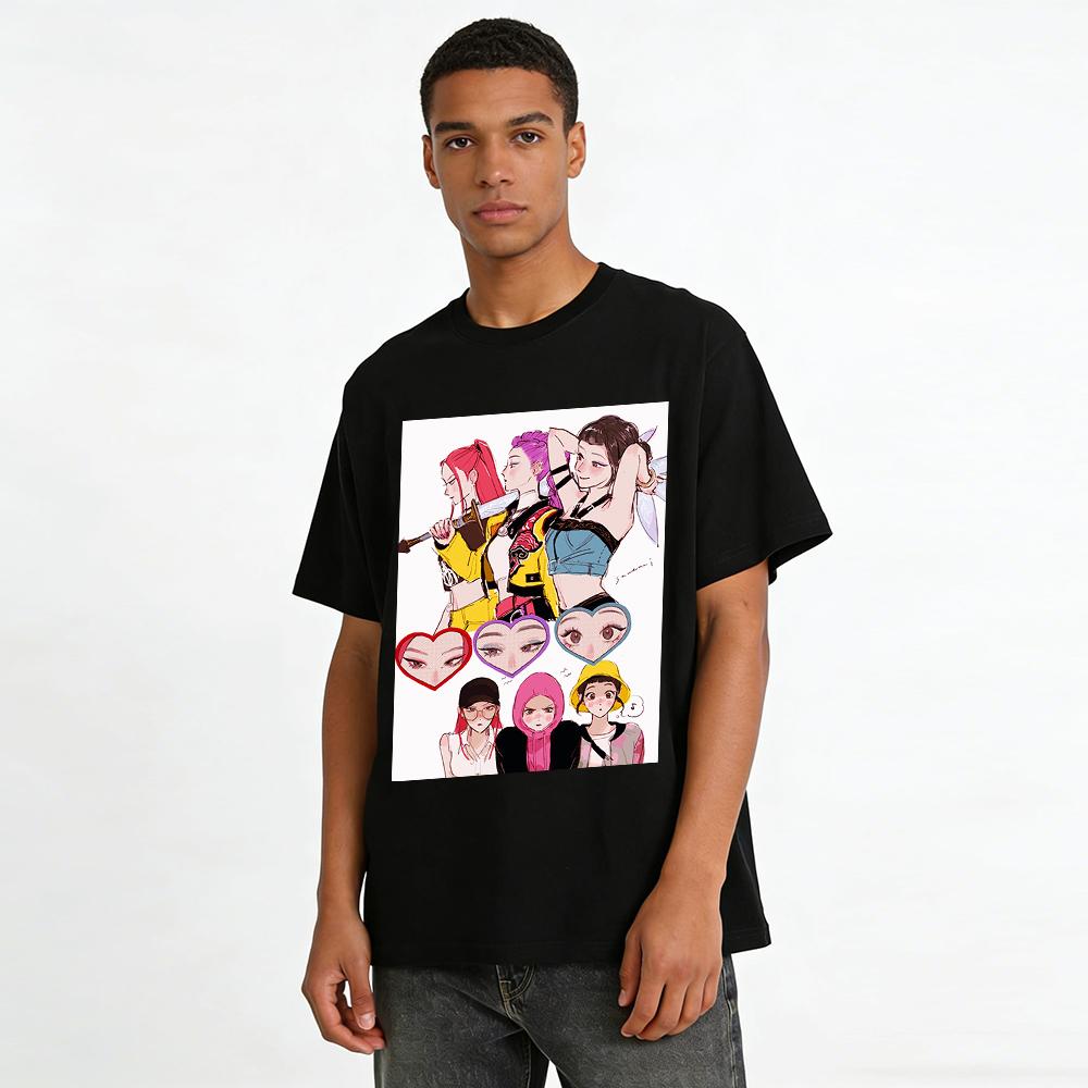 Game Girl Group Print T-shirt Trendy Anime Character Loose Casual Unisex Daily Top Pure Cotton T-shirt