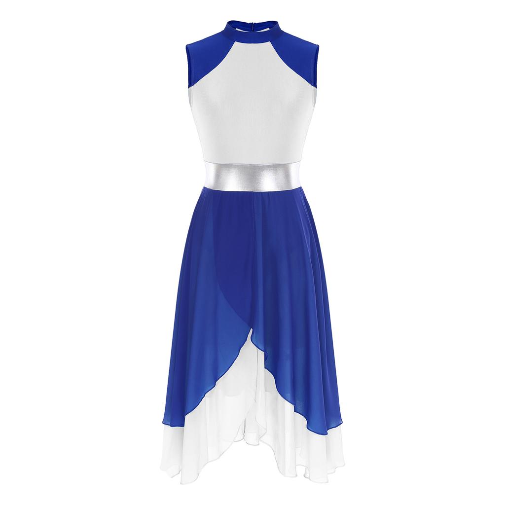 Womens Color Block Dance Dress Sleeveless Mock Neck Design Split Asymmetrical Hem Performance Wear