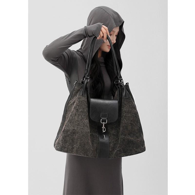 Large Capacity Distressed Canvas Tote Bag Women Lightweight Shoulder Handbag Winter Casual Daily Use