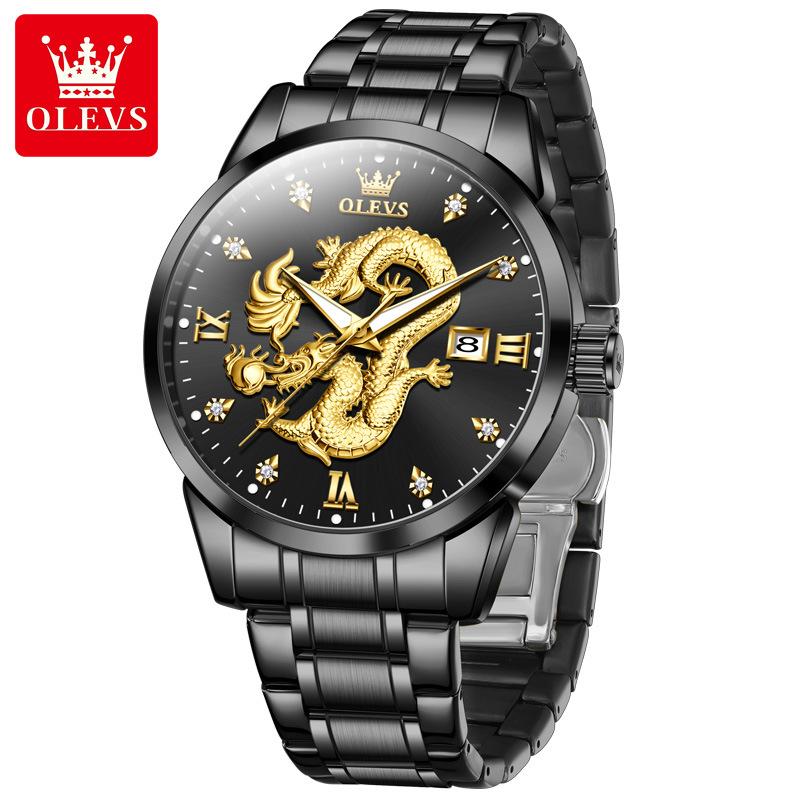 OLEVS Mens Watches Top Brand Luxury China Loong Dragon Dial Gold Quartz Watch for Men Waterproof Luminous Date Fashion Wacth Men