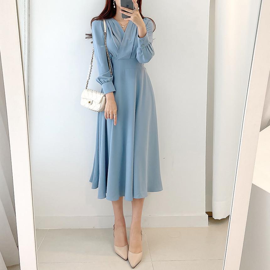 Harajuku V-neck Puff Sleeve A-line Maxi Dresses for Woman Women Solid Color Midi Robe Korean Office Dresses Elegant Spring 2023