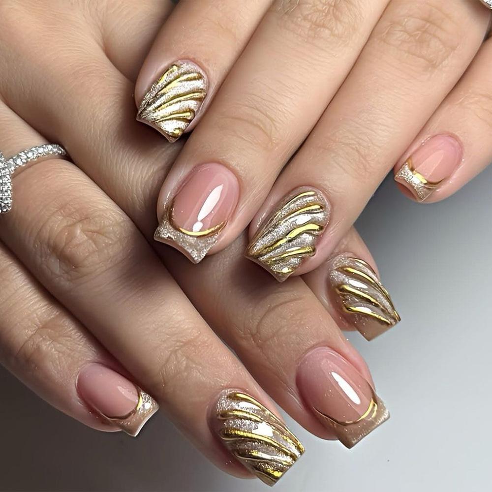 24Pcs Short French Tip False Nails Shimmer Ballet Nail Art Full Cover Sheer Press On Manicure Tips For Girls Daily Wear