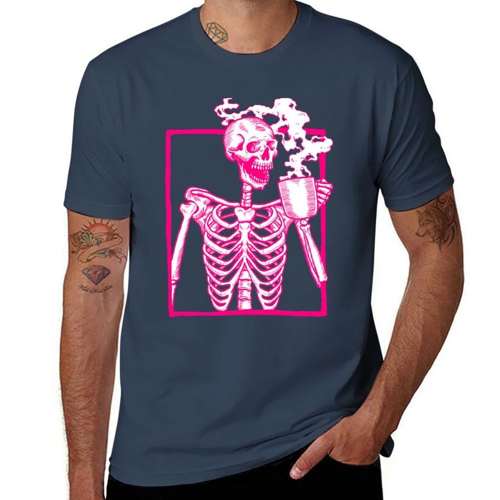 Halloween Skeleton Drinking Coffee Pink Tshirt Modern Style Print Tshirt