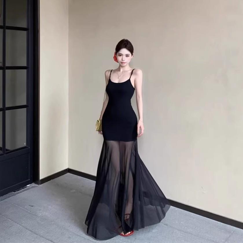 Cold Art Department Mesh Splicing Knitted Suspender Skirt Women's Pure Desire U-Neck Elastic Shoulder Backless Waist Dress