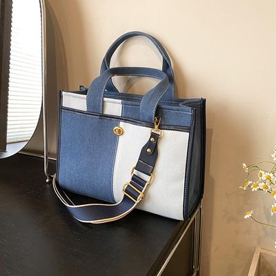 Handtasche aus Denim mit großem Fassungsvermögen, Damen, neue Mode, Umhängetasche mit Farbkontrast, breiter Riemen, Pendler-Trend-Tragetasche