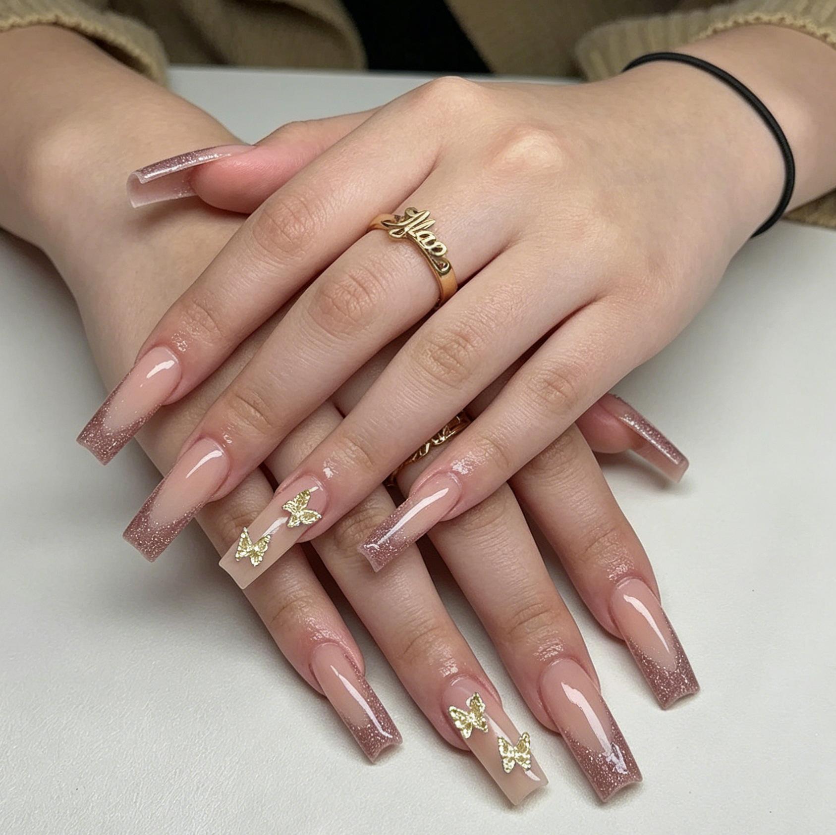 24 Pieces Of Manicure Light Luxury French Golden Butterfly Nude Glitter Craft Rectangular Wearing Armor Jelly glue + rubbing strips
