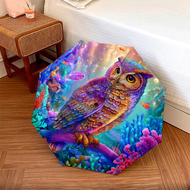 Flower Owl pattern, automatic folding umbrella, portable and foldable design, 8 ribs, a Christmas or birthday gift.