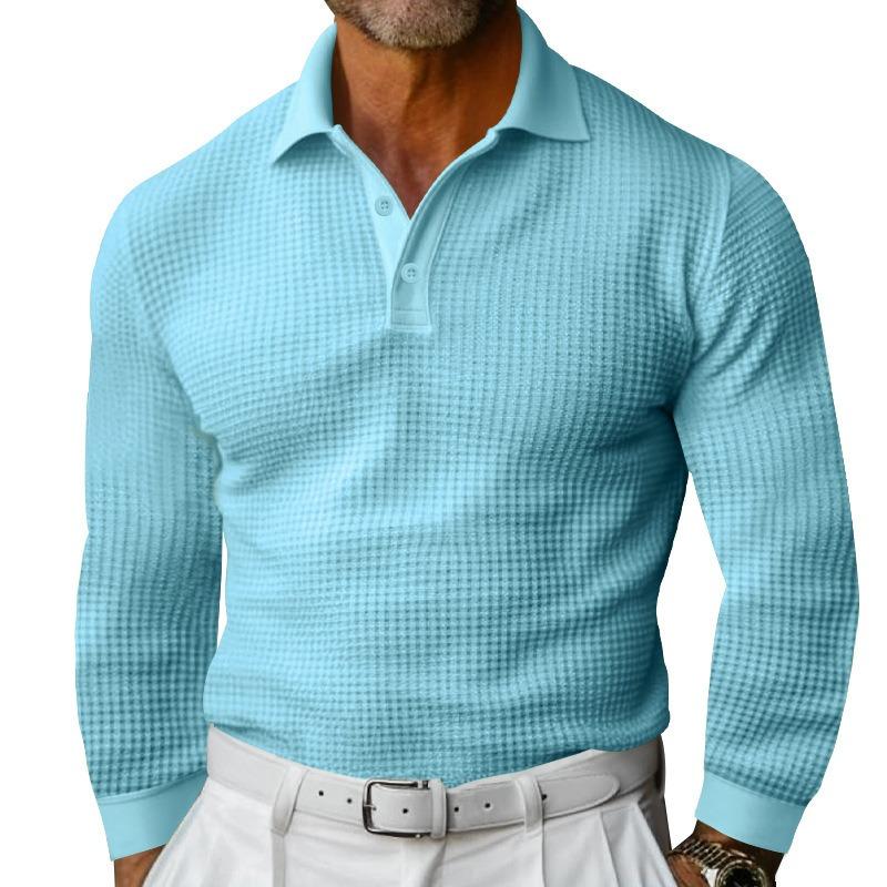 New Men's Waffle Lapel Button Long Sleeve Polo Shirt Vacation Casual T-Shirt