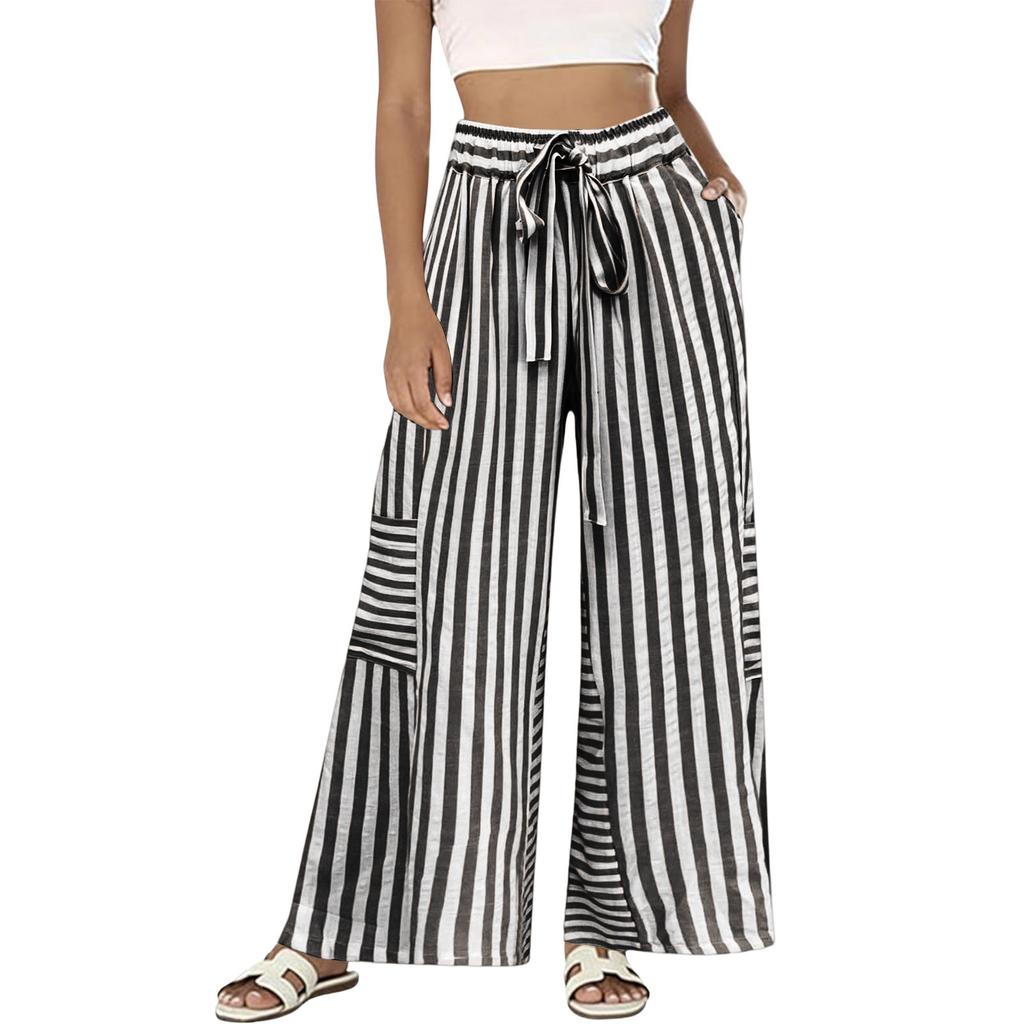 Women Striped High Waist Wide Leg Drawstring Pants Loose Fit Straight Casual Trousers with Pockets for Daily Wear