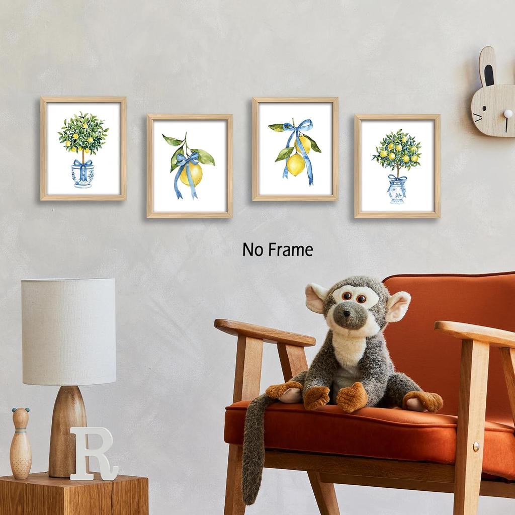 KSDUT Chinoiserie Vase Wall Art Decor Set of 4 - Lemon Tree Bows Artwork Poster Prints Blue and White Coquette Preppy Trendy Wall Decor for Home