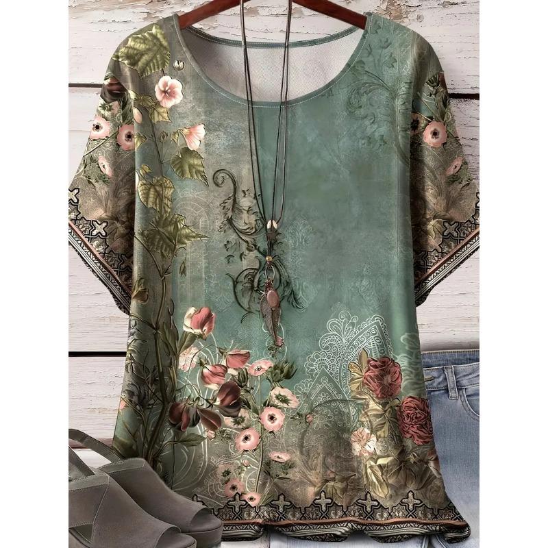 Summer Round Neck 3D Retro Ethnic Style Printed Top Fashionable Casual Short Sleeved Women's Plus SizeT-shirts