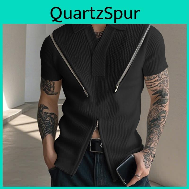 Neck Men Incerun Lapel Summer Short Sleeve Zipup Rib Casual Slim Tshirts Tee Tops