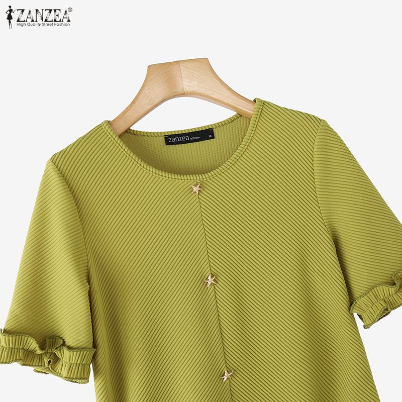 ZANZEA Lässige Damenbluse mit Rundhalsausschnitt und kurzen Ärmeln für den Sommer