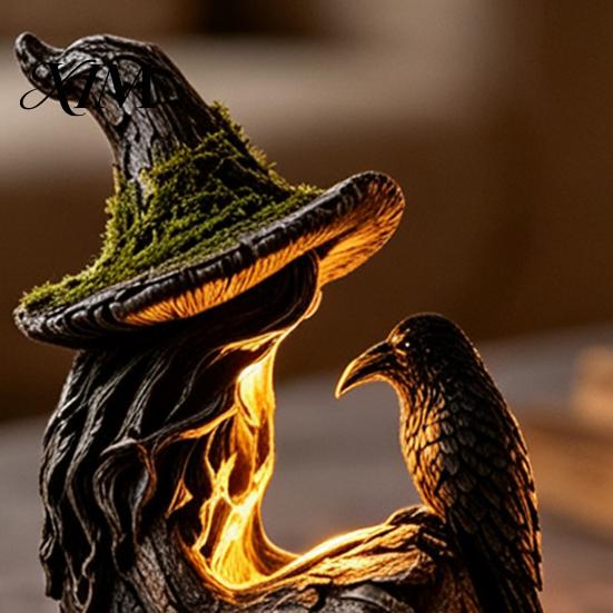 Decorative Pieces for Windowsill Luminous Witch & Raven Figurine with Mossy Tree Texture, Resin Gothic Creative Housewarming Gifts Statue LED