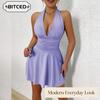 Rochii Casual de Damă la Modă pentru Vară Primăvară, Culoare Uni, Imprimeu, Decolteu în V, Fără Mâneci