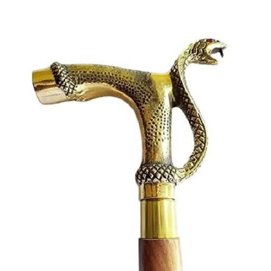 Foldable Handcrafted Sheesham Wood Unisex Surgical Walking Stick with Snake Brass Handle