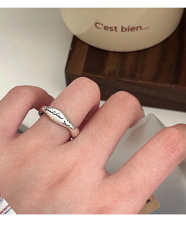 Prsten s usměvavým obličejem v korejském stylu pro ženy - ryzí stříbro S925, vynikající, jednoduchý, špičkový, všestranný, perfektní dárek pro nejlepší přítelkyni