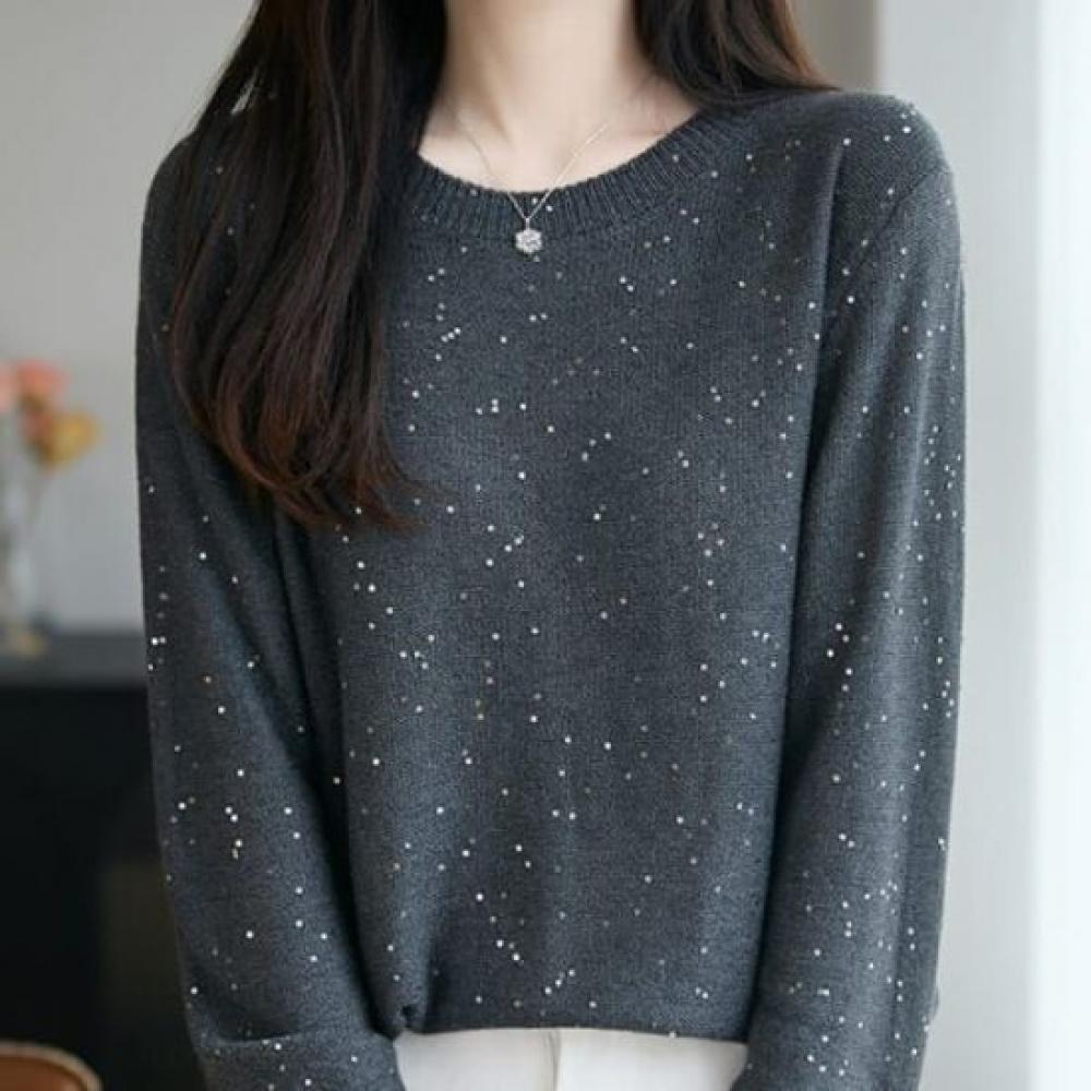 Navava Women Vintage Pearl Round Neck Long Sleeve Knit Top Nk3247