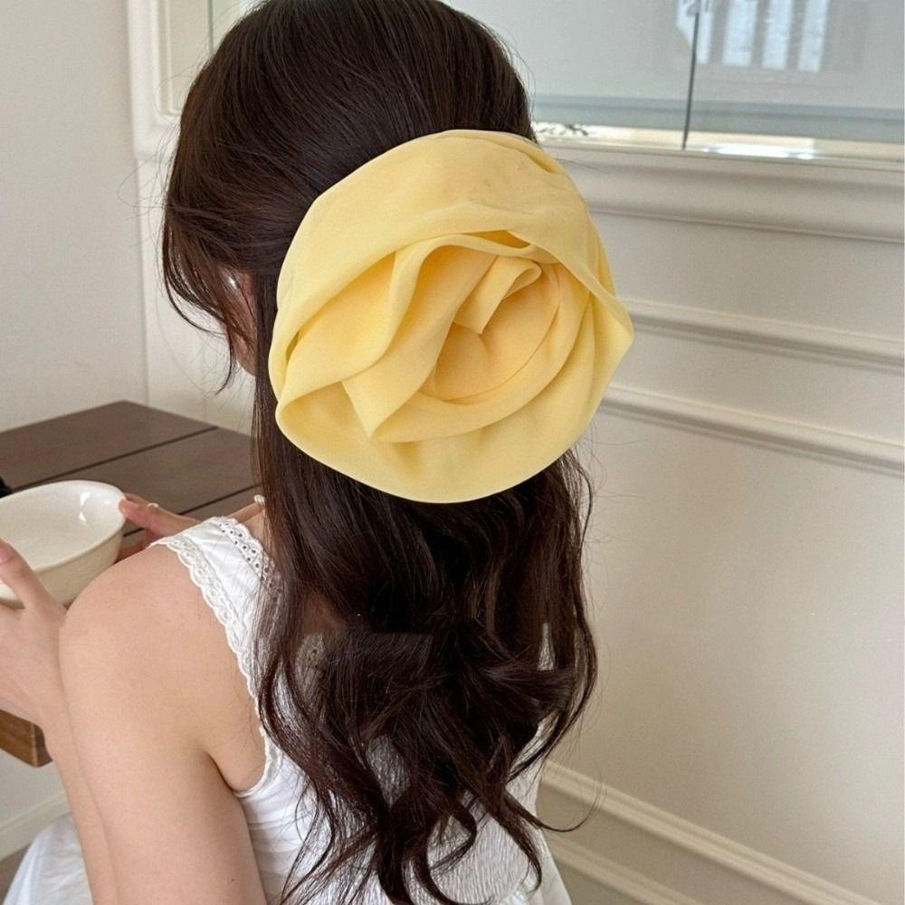 Yellow Chiffon Hairpin French Women Barrette Temperament Rose Flower Hair Clips  Seaside