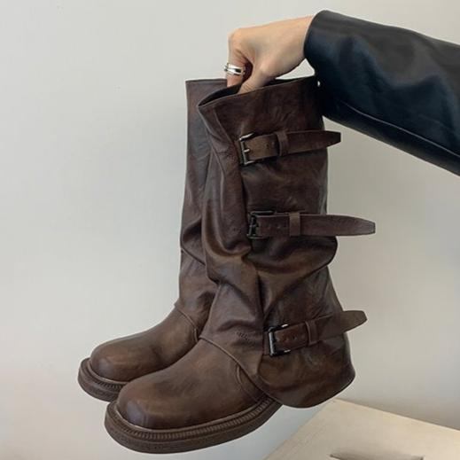 Belt Buckle Sleeve Boots Fashion Round Toe Waterproof Non-slip Block Heel Resistant Mid-leg Boots