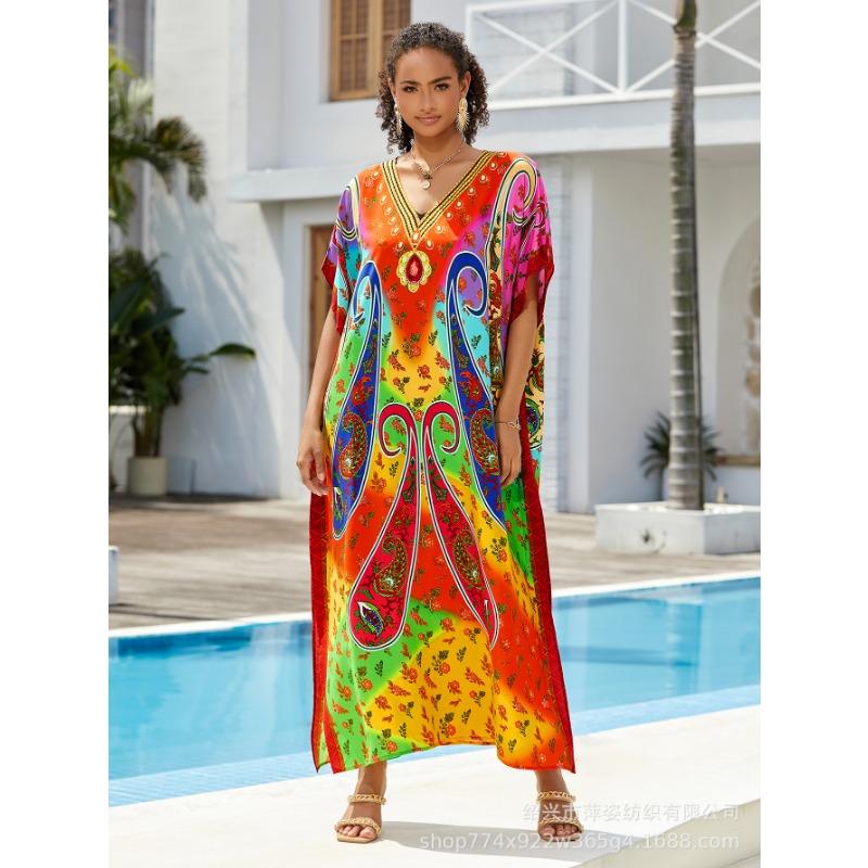 Plus Size Beach Print Dress for Women Bat Sleeve Bikini Suntan Cover Up