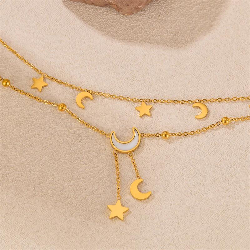 Stainless Steel 2025 New Fashion Jewelry Summer Beach Style Seashells Stars Moon Charm Beading Anklets Chain For Women
