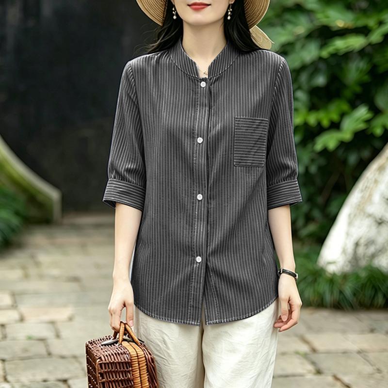 

ZANZEA Women Stand Collar Loose Casual Half Sleeve Stripe Blouse 5XL чорний