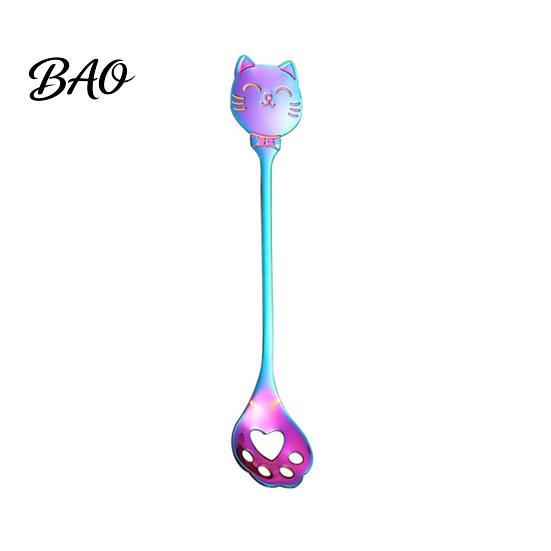 Cat Shaped Handle Spoon Coffee Spoon, Stainless Steel Paw Claw Teaspoon, Embossed Design Multi-Color Electroplated Stirring for Ice Cream Yogurt