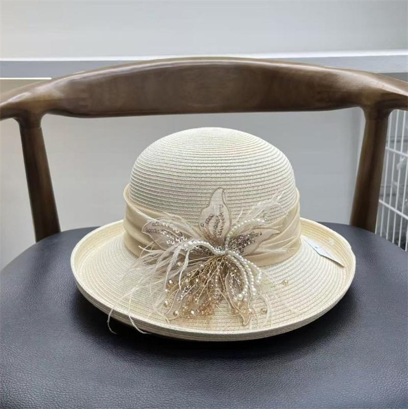 202603-yuanx ins chic summer Feather glitter natural plant fiber grass lace flower holiday leisure lady bucket cap women sun hat